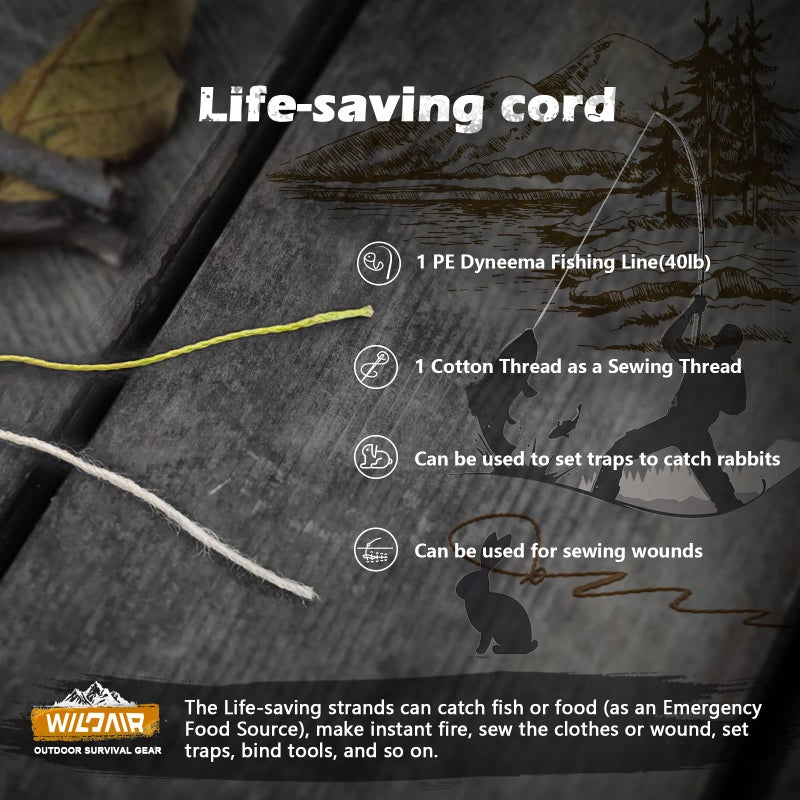 WILDAIR Paracord Survival Paracord Parachute Fire Cord Survival Ropes 4-in-1 5/32" Diameter U.S. Military Type III with Integrated Fishing Line, Fire-Starter Tinder (Black Khaki Stripe) - Image 4
